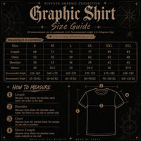 Vintage graphic shirt size guide with measurements on a dark background