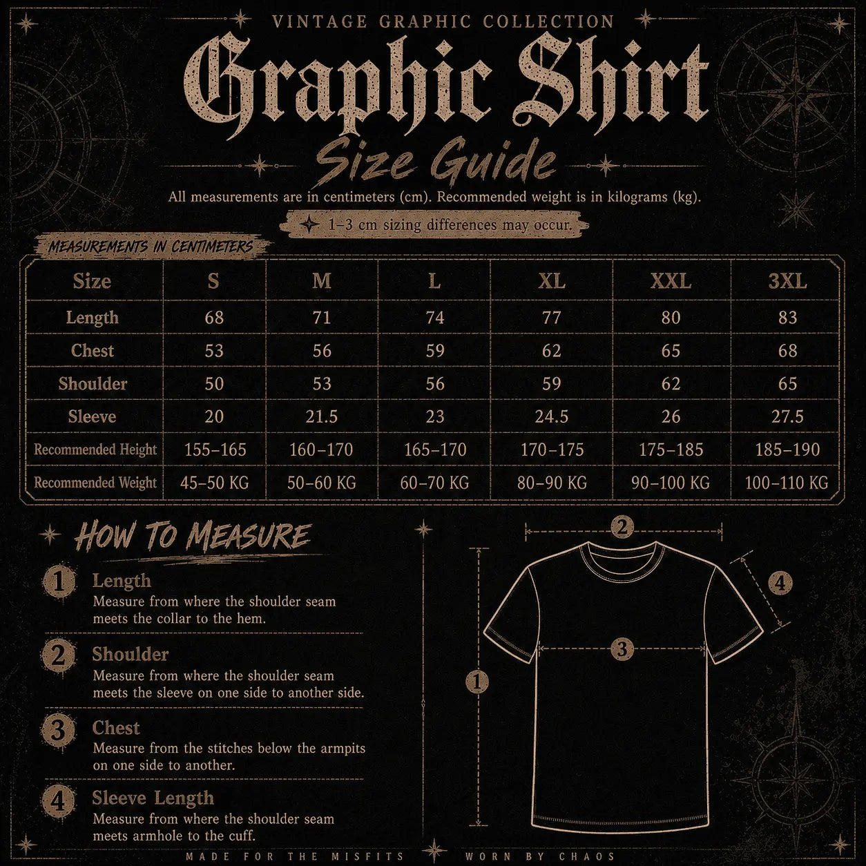 Vintage graphic shirt size guide with measurements on a dark background