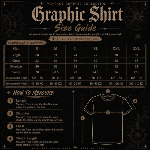Vintage graphic shirt size guide with measurements on a dark background