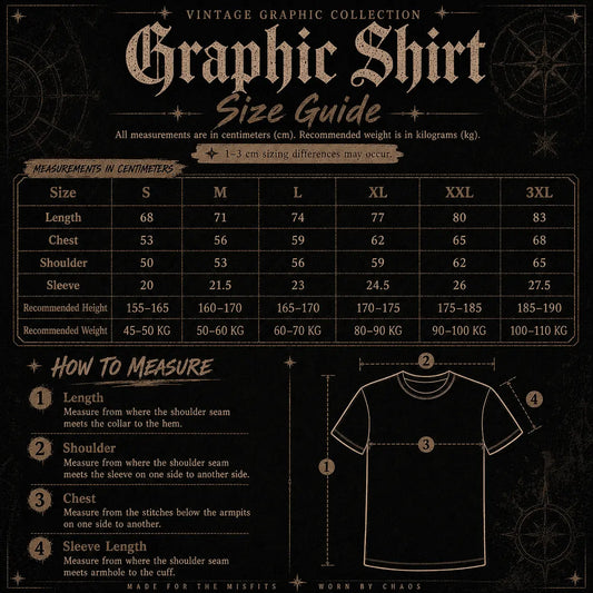 Vintage graphic shirt size guide with measurements on a dark background