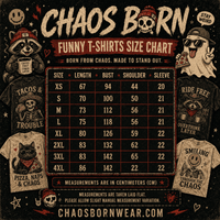 Chaos Born t-shirt size chart with various t-shirts and graphics on a dark background