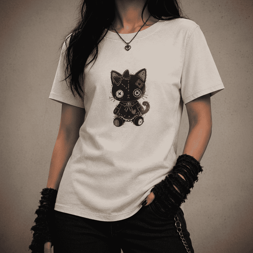 Person wearing a white t-shirt with a black cat graphic on a dark background