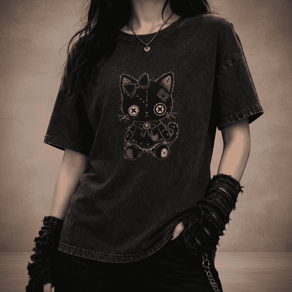Person wearing a black t-shirt with a cat graphic design on a dark background