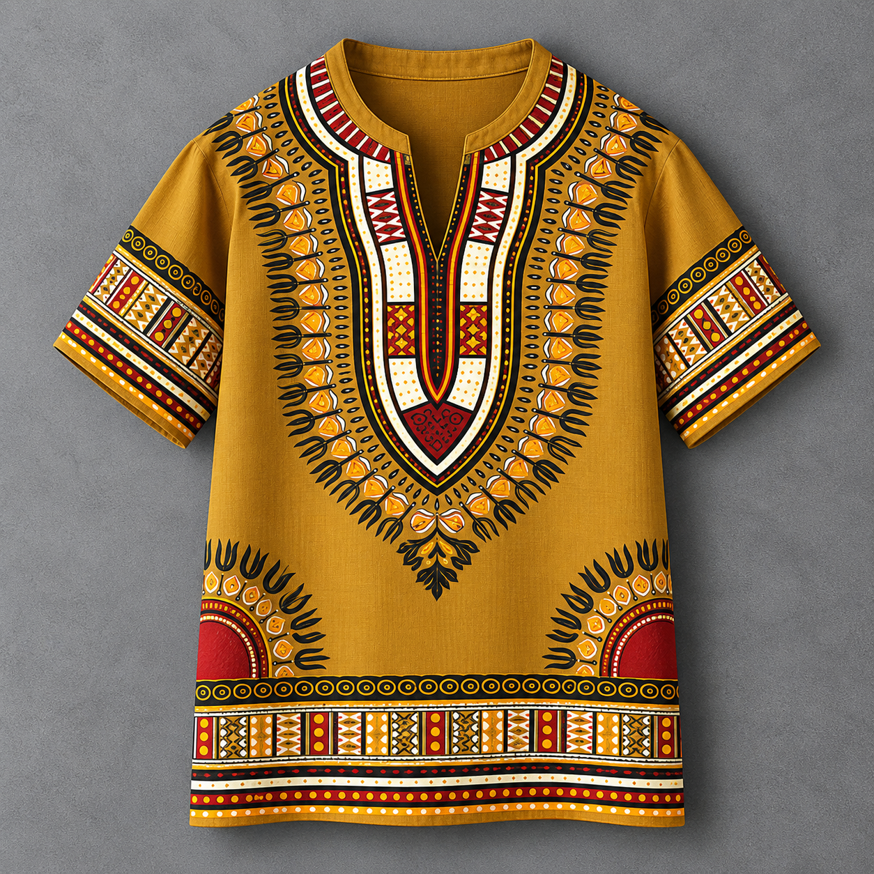 A mustard yellow short-sleeve t-shirt with a detailed African dashiki print in red, black, white, and orange, displayed flat against a textured gray background.
