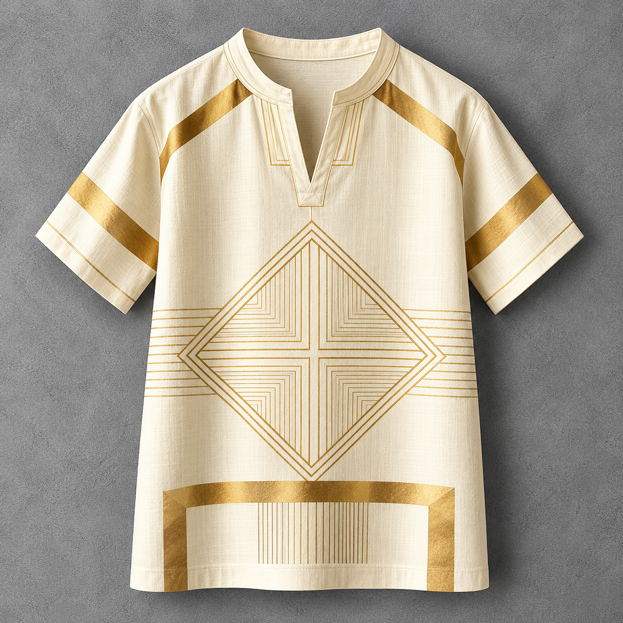 A cream-colored short-sleeve tunic top with gold geometric patterns, displayed flat against a textured gray background.