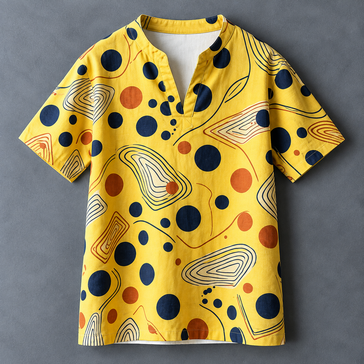 A yellow short-sleeve button-front shirt with an abstract print of navy blue, orange, and white circles and contour-like lines, shown flat against a dark gray background.