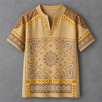 A short-sleeve men's tunic shirt with a beige base and intricate brown and gold geometric, paisley, and floral patterns, displayed flat against a textured gray background.