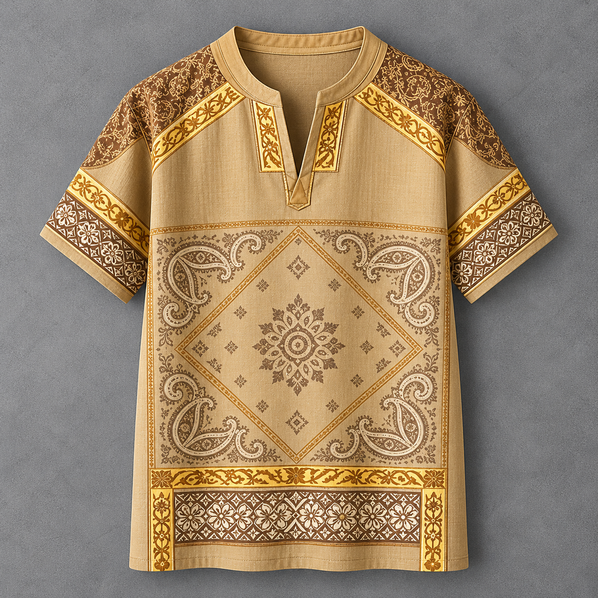 A short-sleeve men's tunic shirt with a beige base and intricate brown and gold geometric, paisley, and floral patterns, displayed flat against a textured gray background.