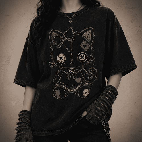 Oversized Gothic Shirt Voodoo Cat Doll CHAOSBORN - Chaos Born