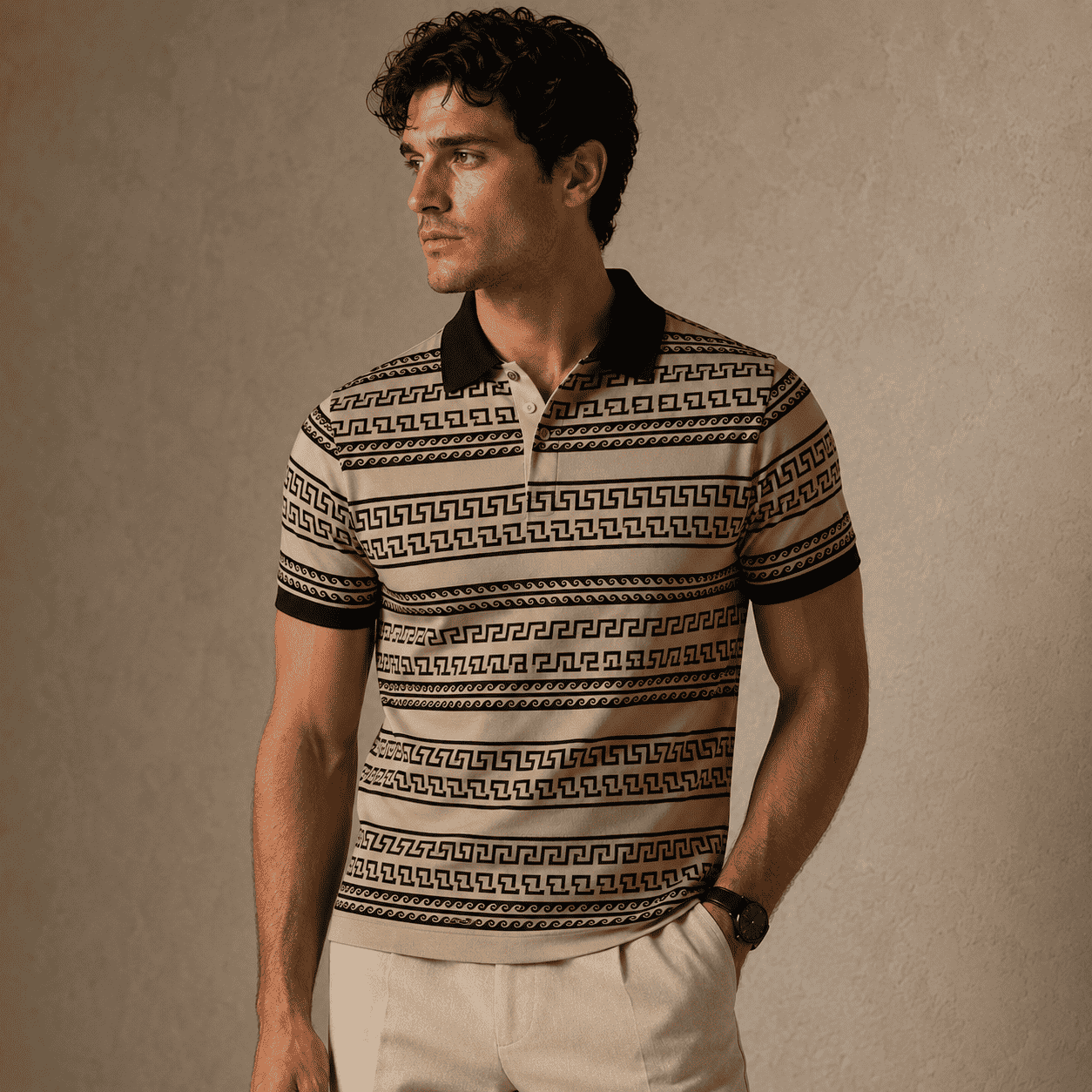 Man wearing a patterned polo shirt against a beige background