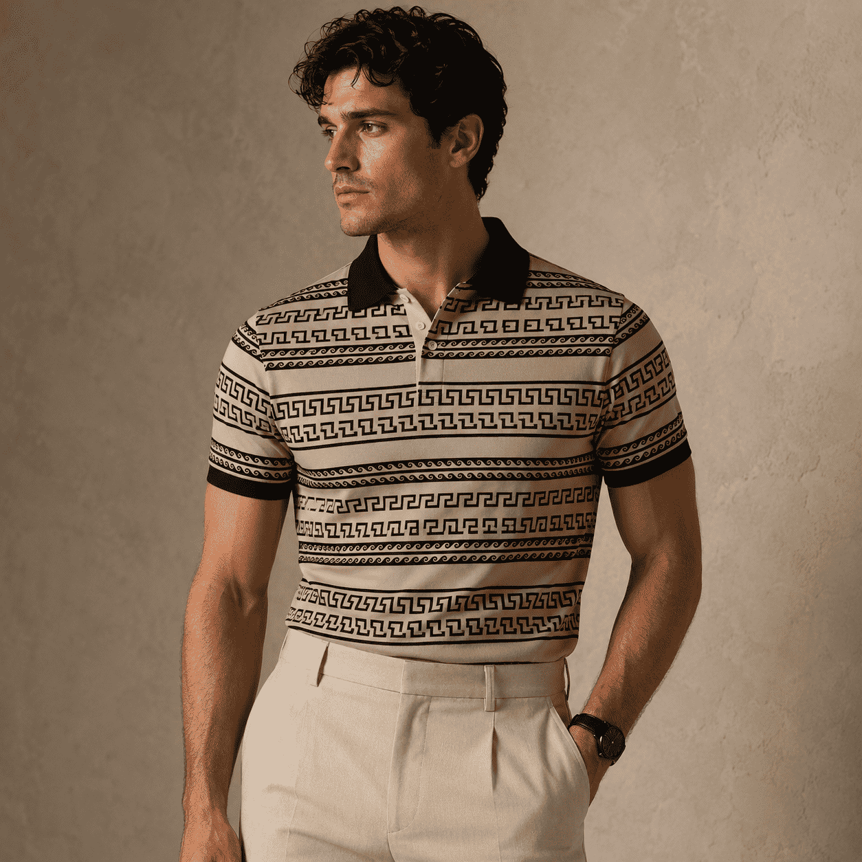 Man wearing a patterned polo shirt and light pants against a beige background