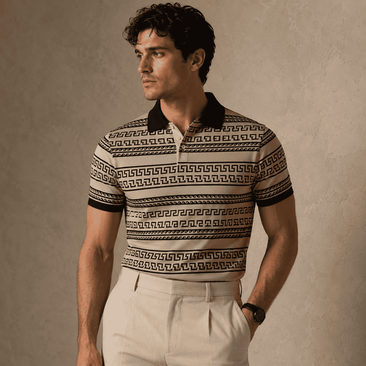 Man wearing a patterned polo shirt and light pants against a beige background
