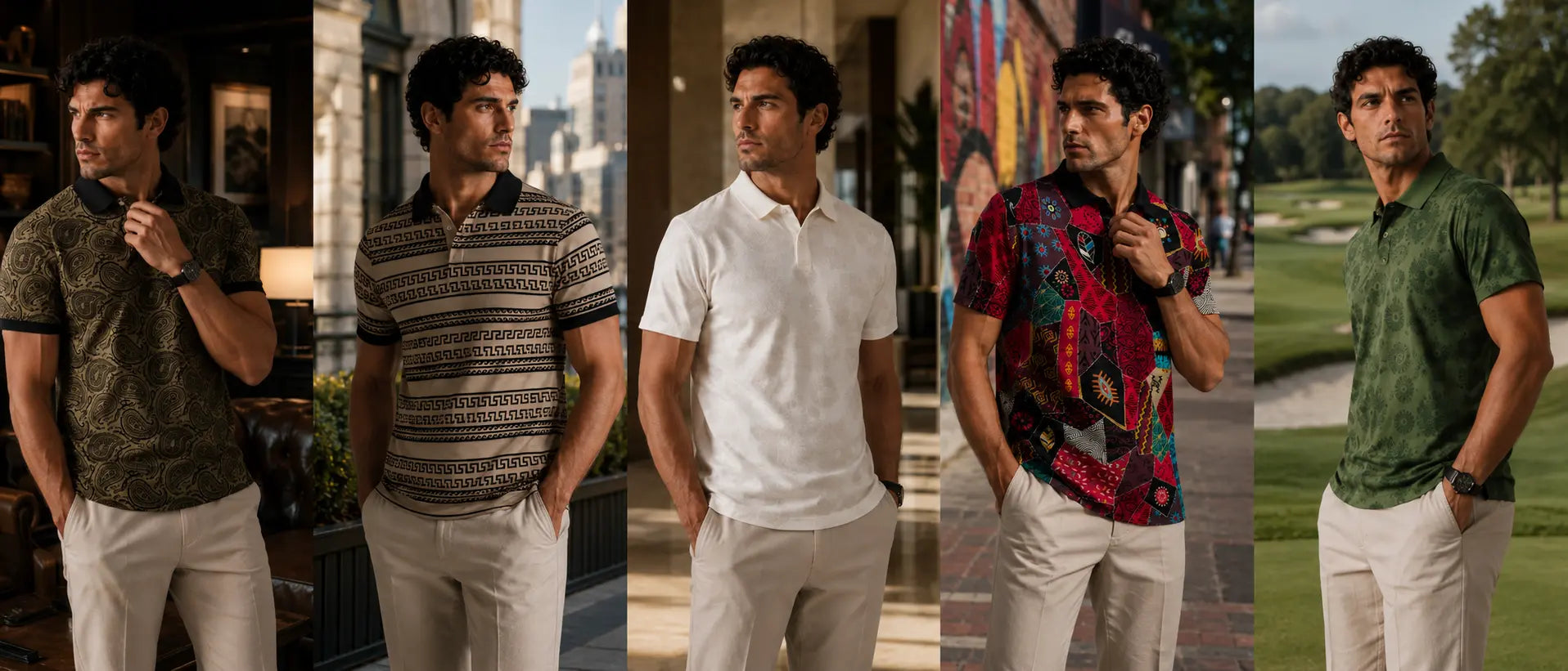 Collage of a man wearing different shirts in various settings | Chaosbornwear Banner