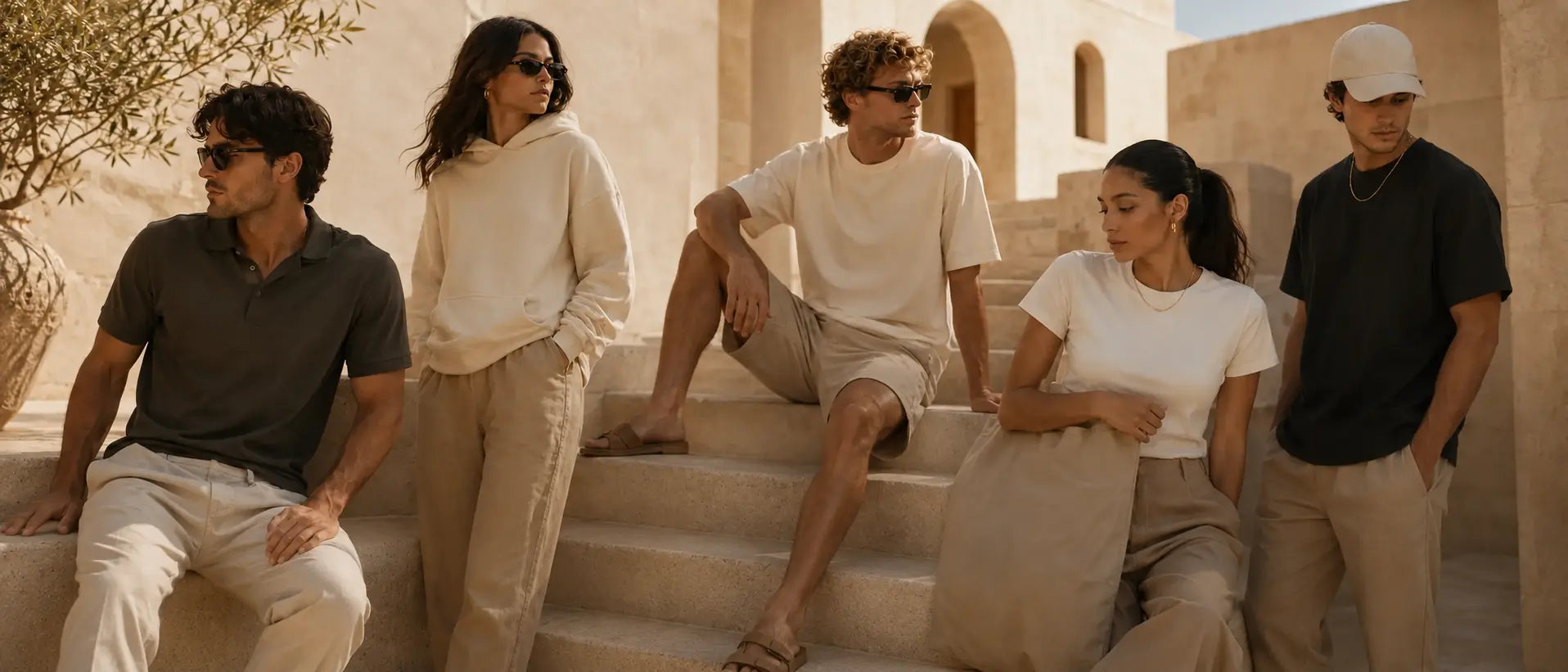 Five people sitting on steps in a sunlit outdoor setting with architectural elements. | Chaosbornwear Banner