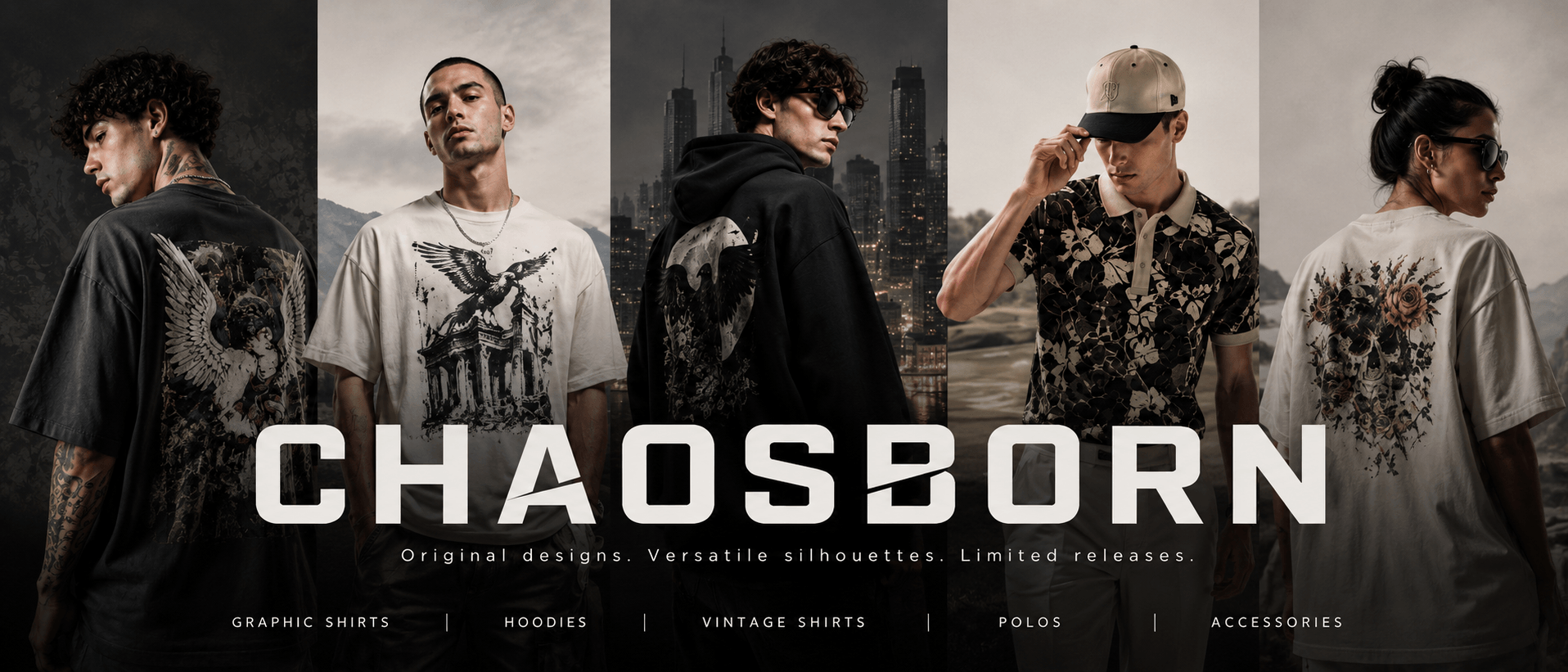 Five people wearing various Chaosborn clothing items with a cityscape background.