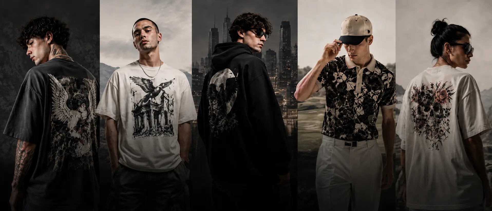 Five different people wearing various graphic t-shirts with a cityscape background