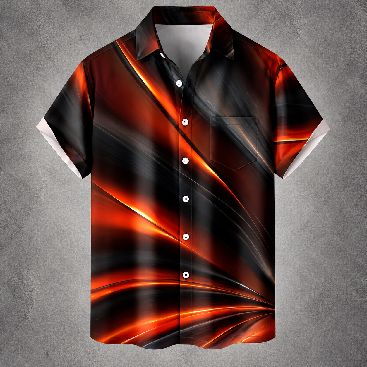 A short-sleeve button-up camp shirt with a vibrant abstract print of glowing orange, red, and yellow light streaks on a black background, displayed against a textured gray wall.