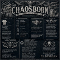 Chaosborn brand information sheet with text and graphics on a dark background