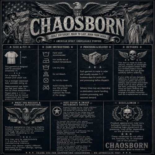Chaosborn brand information sheet with text and graphics on a dark background