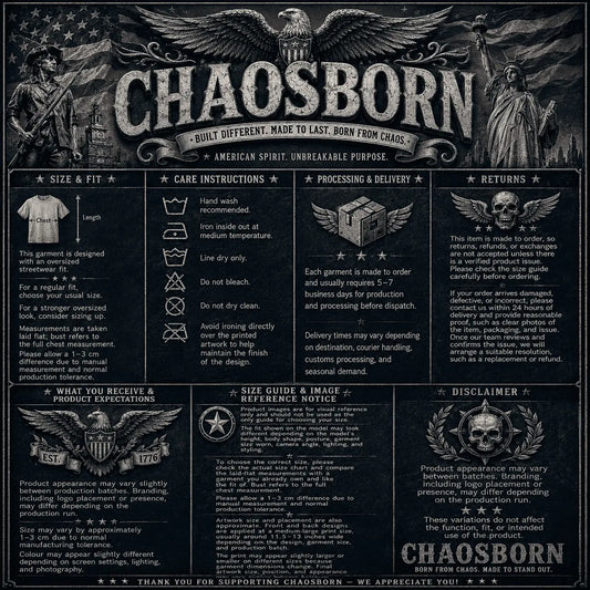 Chaosborn brand information sheet with text and graphics on a dark background