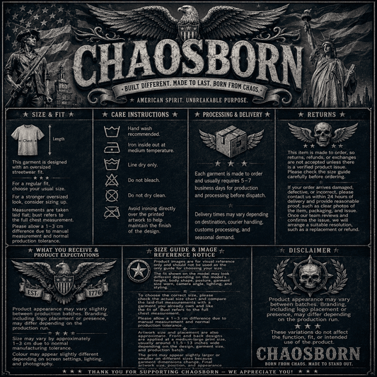 Chaosborn brand information sheet with text and graphics on a dark background