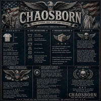 Chaosborn brand information sheet with text and graphics on a dark background