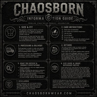 Information guide for Chaosborn streetwear product on a black background