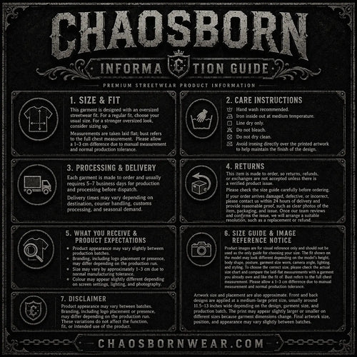Information guide for Chaosborn streetwear product on a black background