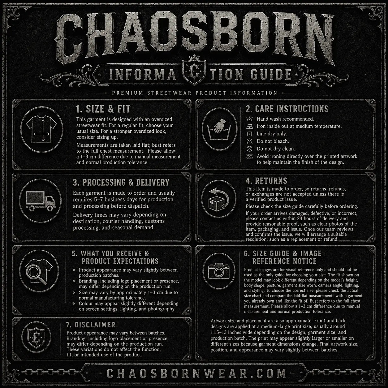 Information guide for Chaosborn streetwear product on a black background