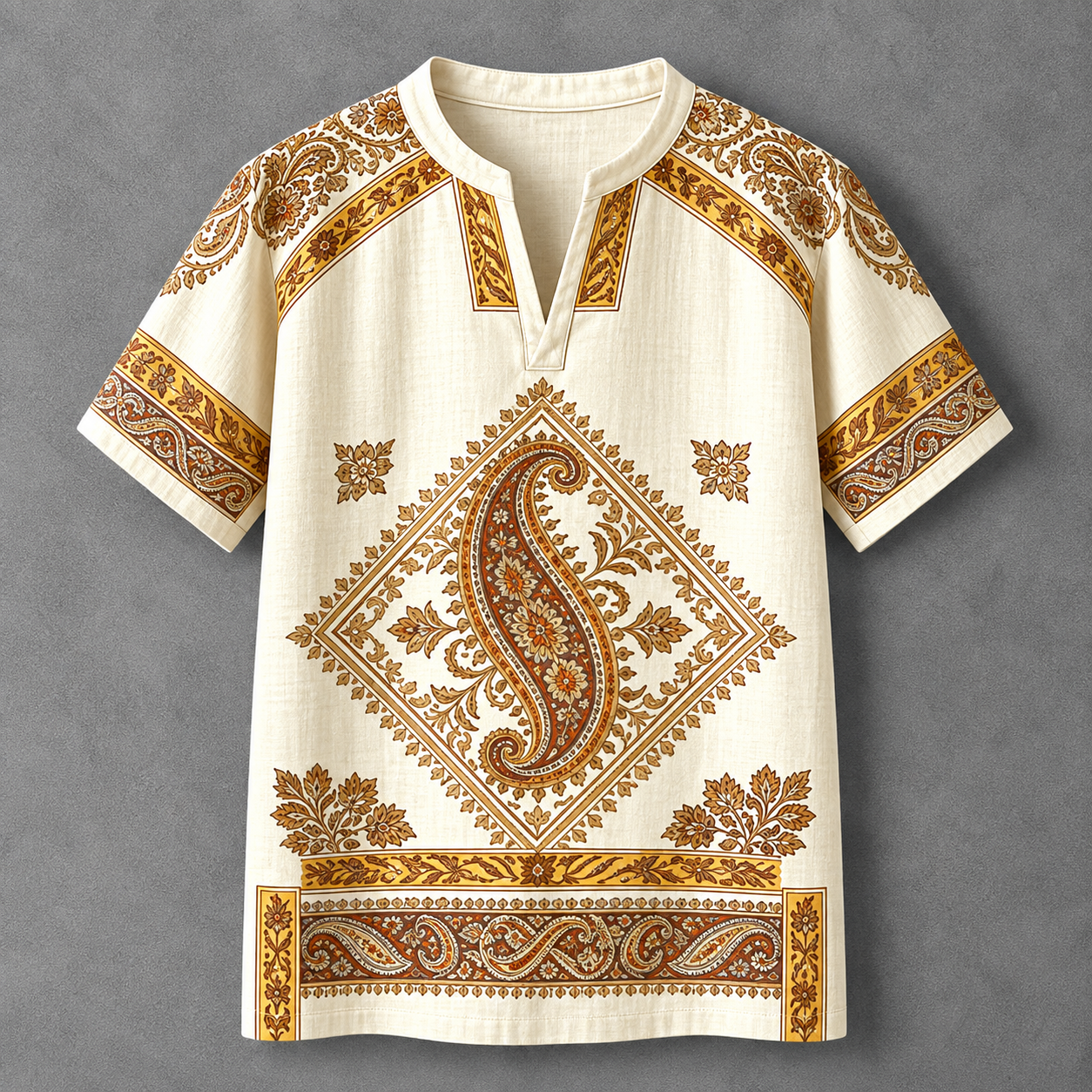 A short-sleeve half-placket tunic shirt in cream-colored linen fabric, featuring a prominent brown and gold paisley and floral pattern on the front and shoulders, laid flat against a textured gray background.