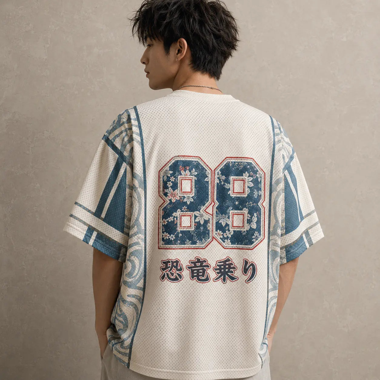 Person wearing a sports jersey with number 88 and Japanese text on a plain background