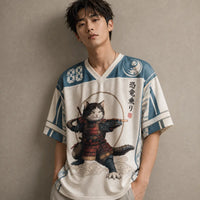 Person wearing a sports jersey with a cat in samurai attire design on a plain background
