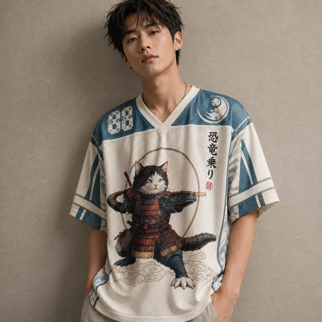 Person wearing a sports jersey with a cat in samurai attire design on a plain background