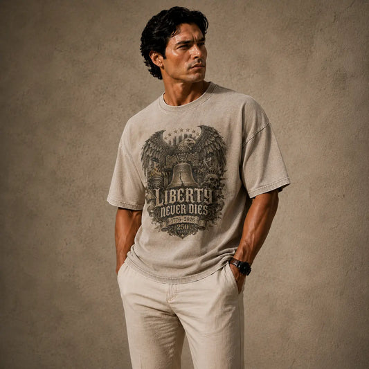 Man wearing a t-shirt with an eagle graphic and 'Liberty Never Dies' text against a textured brown background