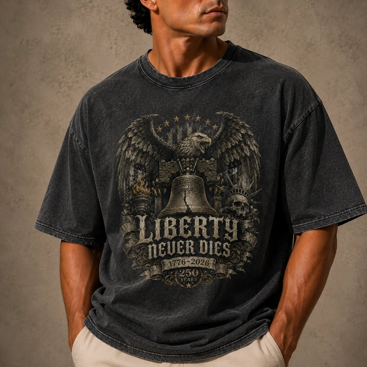 Man wearing a USA 250th Anniversary USA Shirt black t-shirt with an eagle graphic and 'Liberty Never Dies' text on a beige background