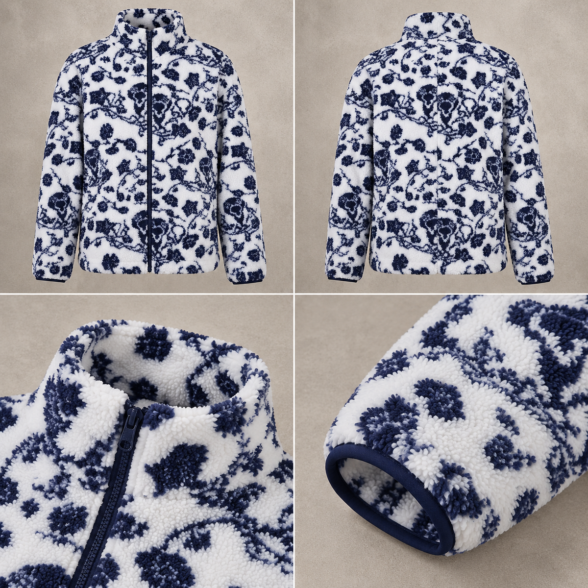 A fleece jacket shown in a four-panel collage: front view, back view, collar/zip detail, and sleeve cuff detail. The jacket has a white base with an allover dark navy floral toile-style print.