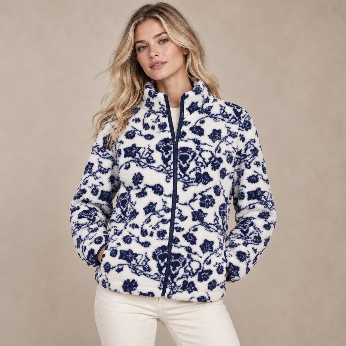 A woman modeling a white sherpa fleece jacket with a navy blue floral toile pattern, paired with cream-colored pants, against a neutral beige studio background.