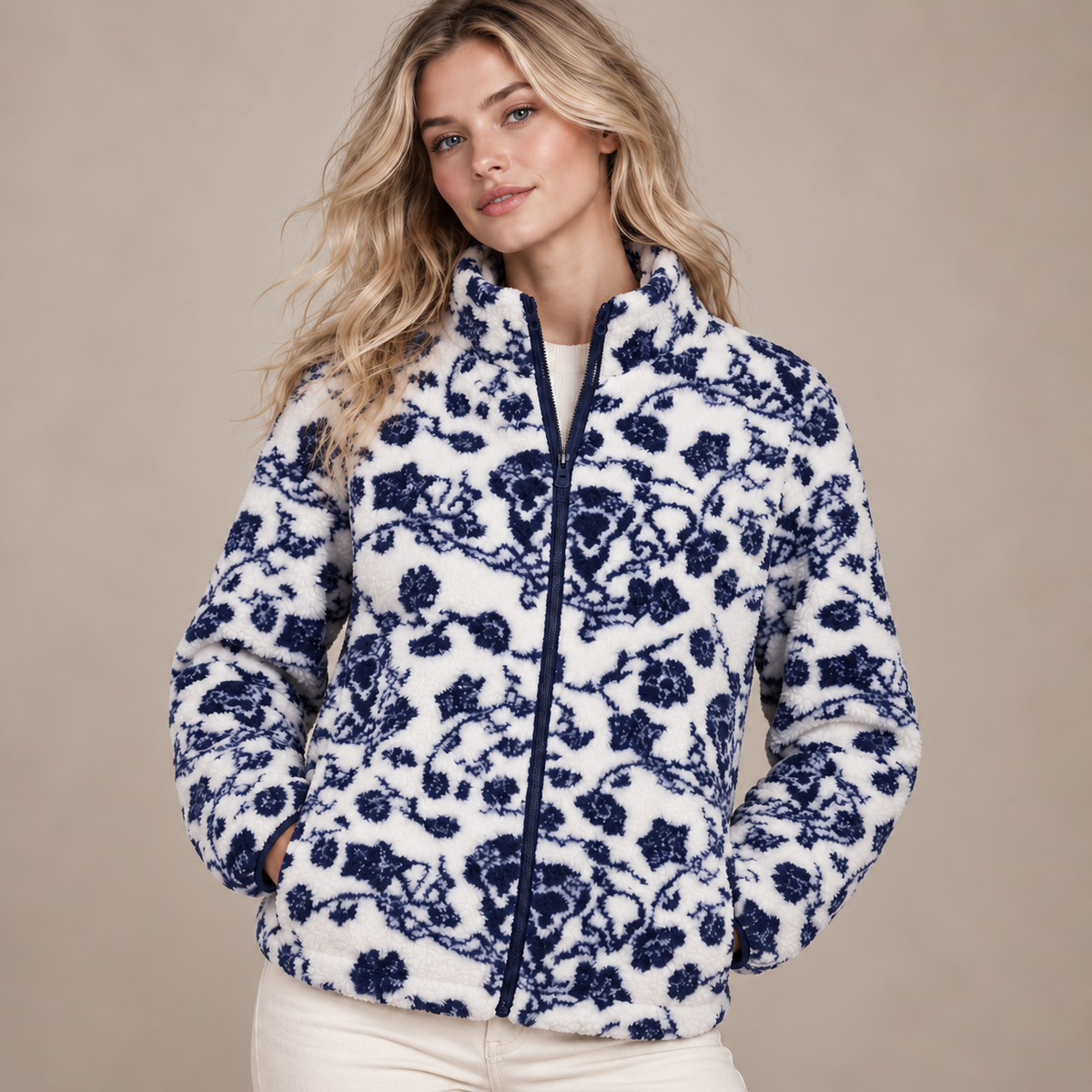 A woman wearing a white sherpa-style zip-up jacket with a navy blue floral pattern, paired with cream pants, set against a plain beige studio background.
