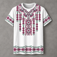 A white short-sleeve t-shirt with a detailed Russian-style embroidered pattern in magenta pink, dark green, and black, displayed flat against a textured gray background.