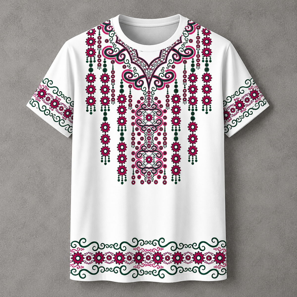 A white short-sleeve t-shirt with a detailed Russian-style embroidered pattern in magenta pink, dark green, and black, displayed flat against a textured gray background.
