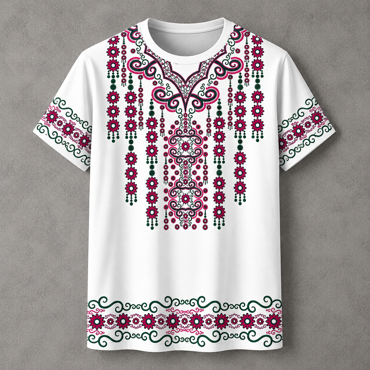 A white short-sleeve t-shirt with a detailed Russian-style embroidered pattern in magenta pink, dark green, and black, displayed flat against a textured gray background.