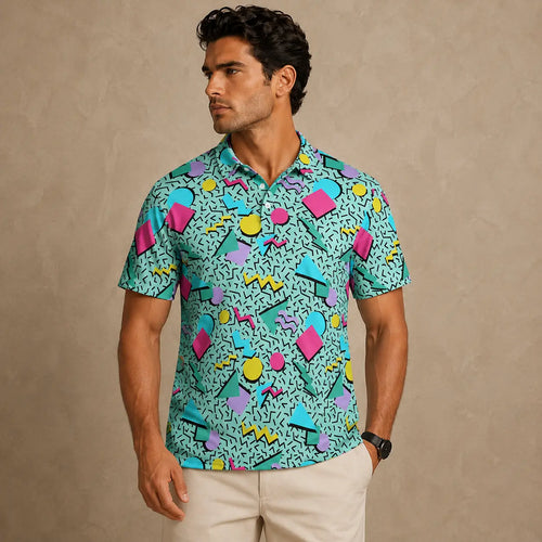 Man wearing a colorful patterned shirt against a beige background