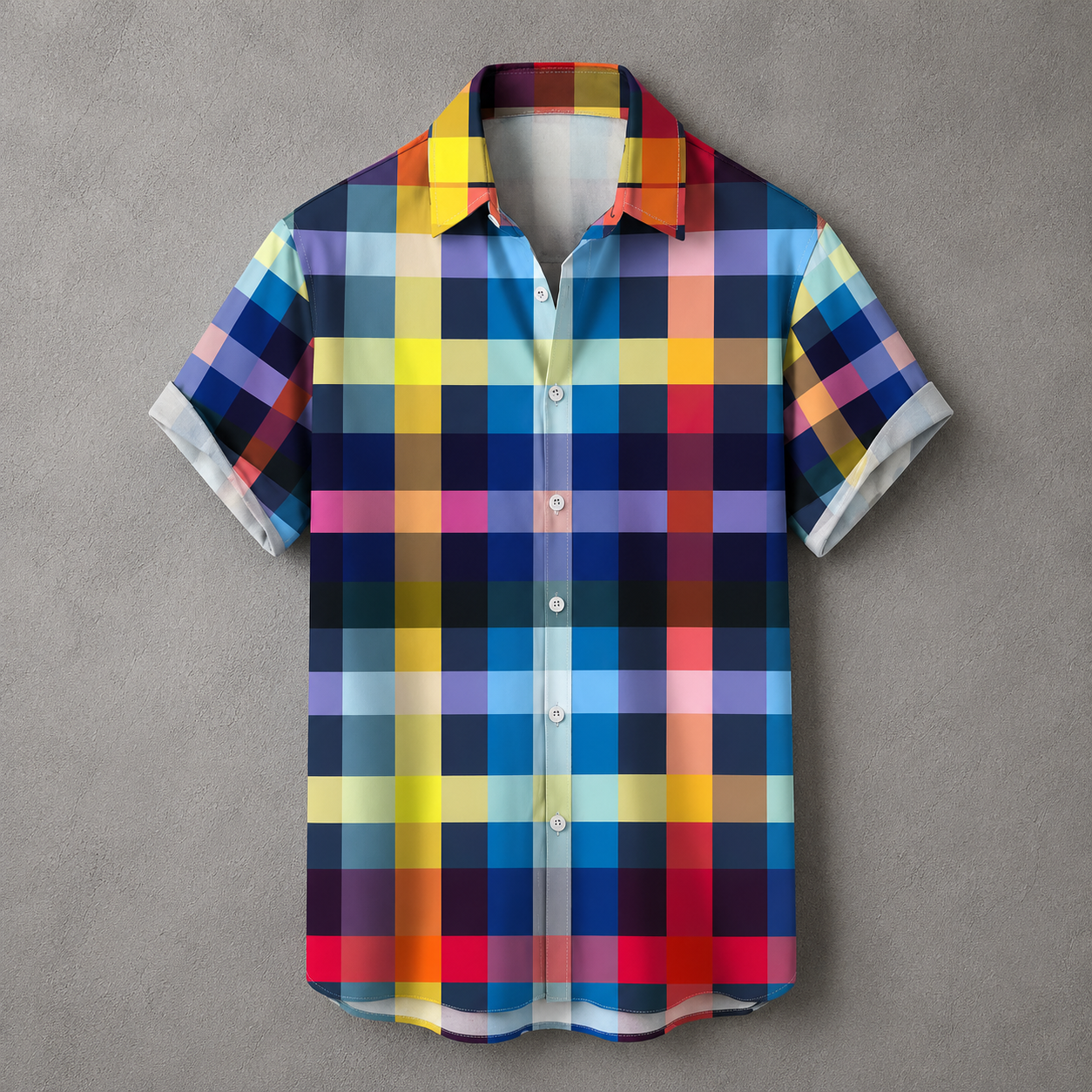 A short-sleeve button-up camp shirt with a colorful pixelated plaid pattern, displayed flat against a textured gray background.
