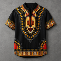 A men's short-sleeve buttonless shirt with a black base and vibrant African dashiki-style patterns in yellow, orange, red, and white, displayed flat against a textured gray background.