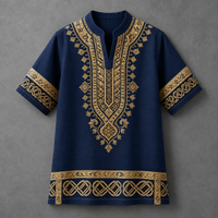 A navy blue short-sleeve tunic top with intricate gold embroidery around the V-neck, sleeves, and hem, displayed flat against a textured gray background.