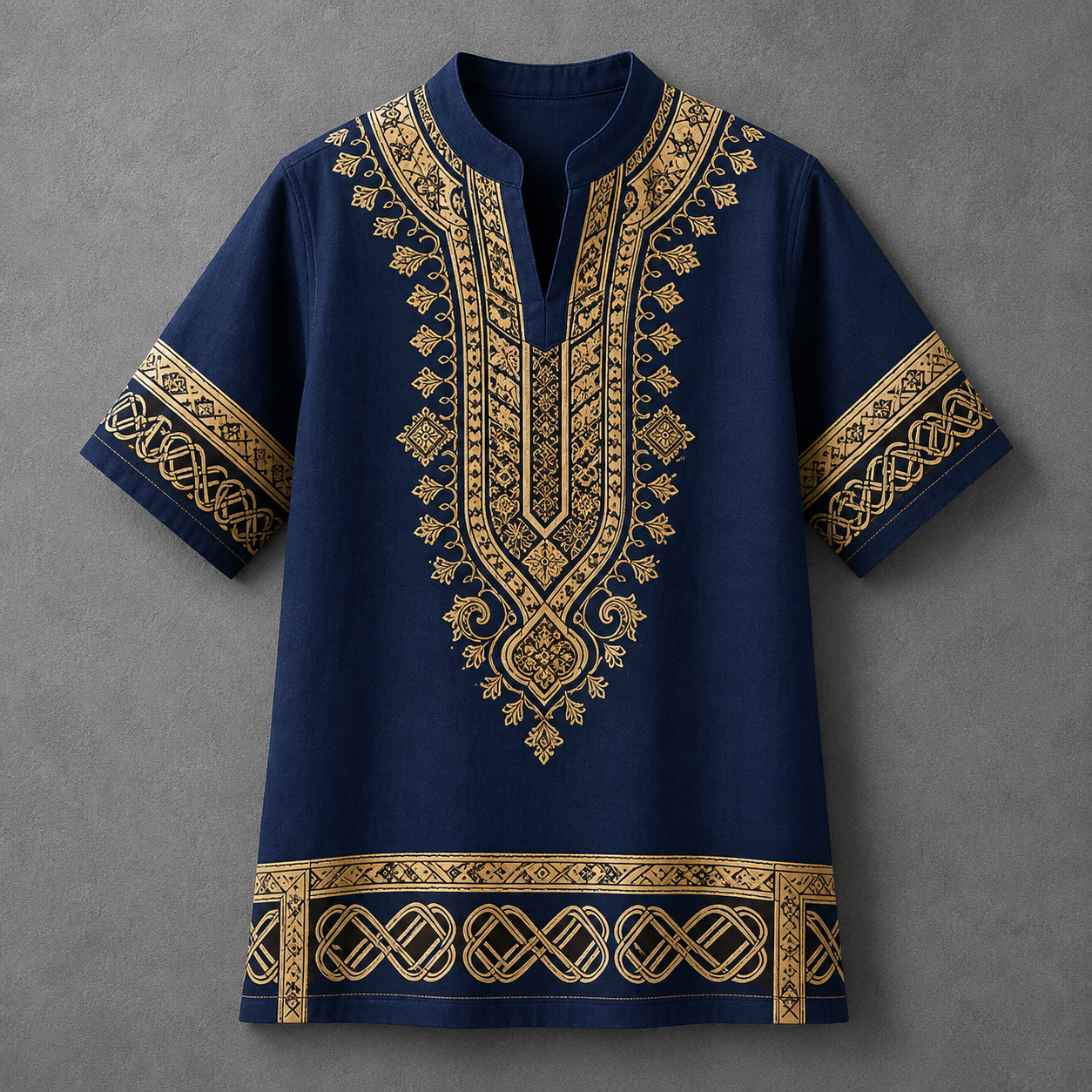 A navy blue short-sleeve tunic top with intricate gold embroidery around the V-neck, sleeves, and hem, displayed flat against a textured gray background.