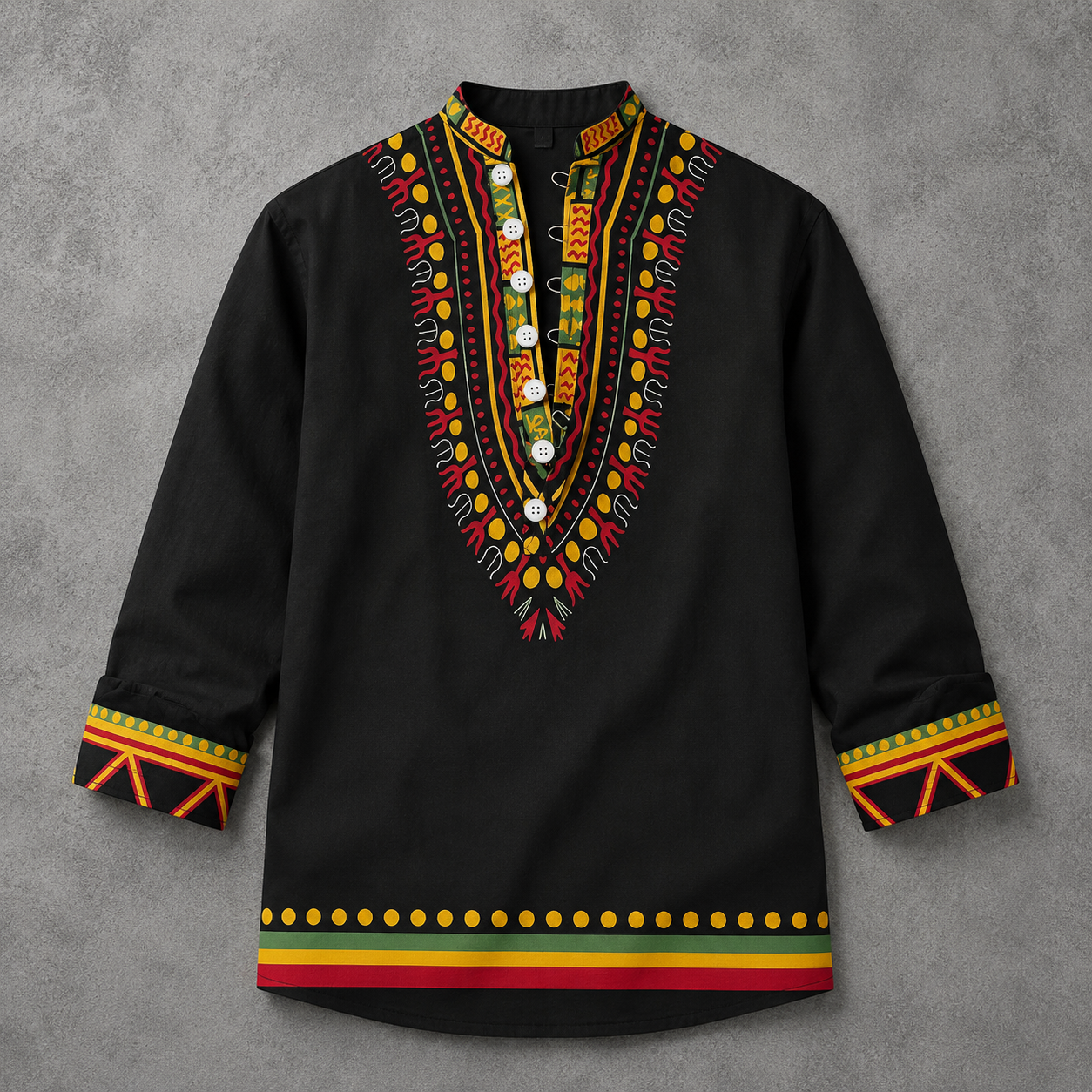 A black long-sleeve tunic shirt with vibrant traditional African dashiki-style embroidery in red, yellow, green, and orange. The shirt features a mandarin collar, a buttoned split neckline, and decorative geometric patterns on the collar, cuffs, and hem, displayed against a textured gray background.