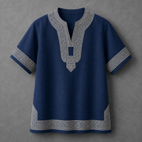 A navy blue short-sleeve tunic top with white geometric embroidery on the neckline, sleeve cuffs, and hem, displayed flat against a textured gray background.