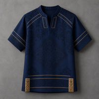 A navy blue short-sleeve tunic top with gold geometric and floral patterns, displayed flat against a textured gray background.