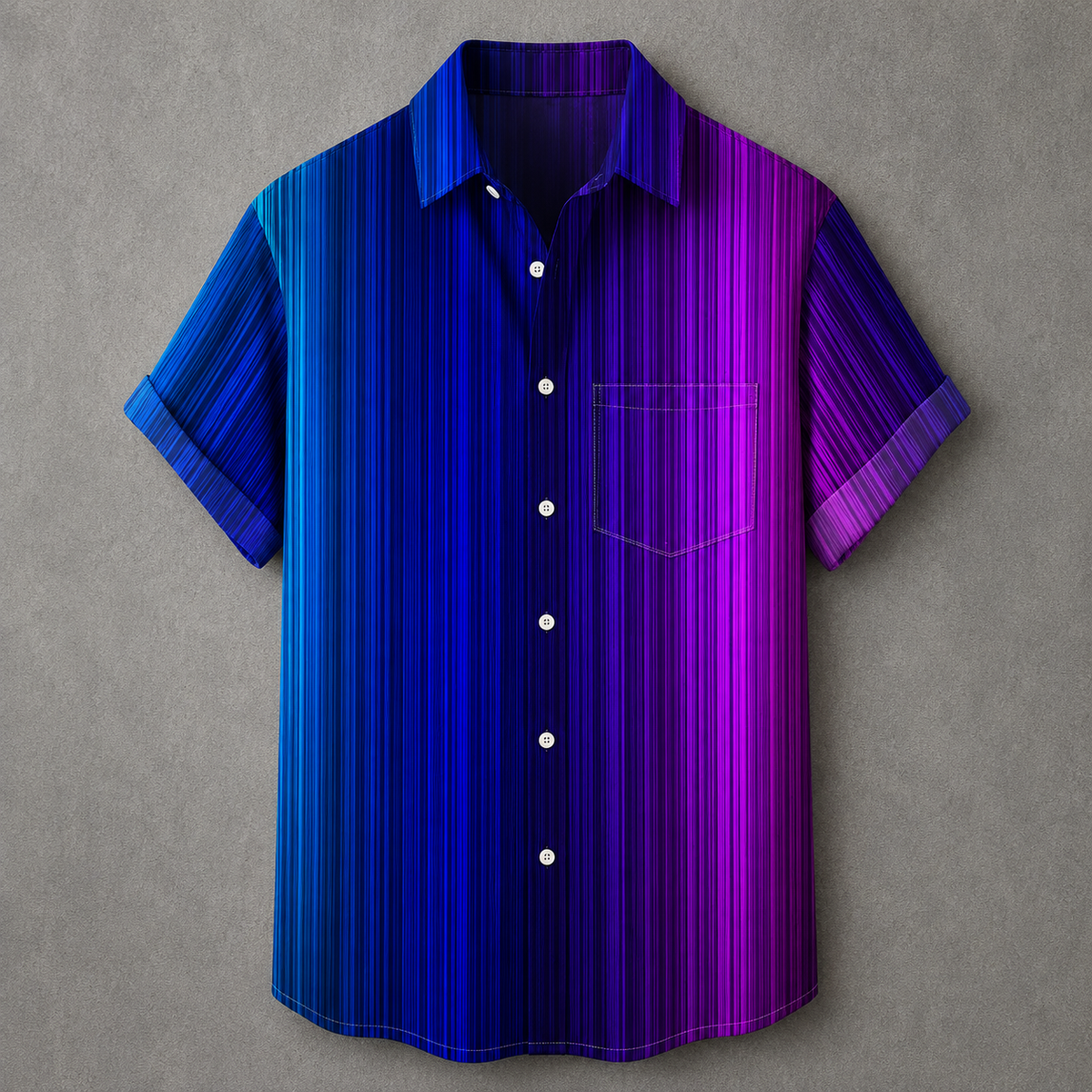 A short-sleeve button-up shirt with a vertical stripe pattern, featuring a blue-to-purple gradient transition. The shirt has white buttons and a single chest pocket, displayed against a textured gray background.